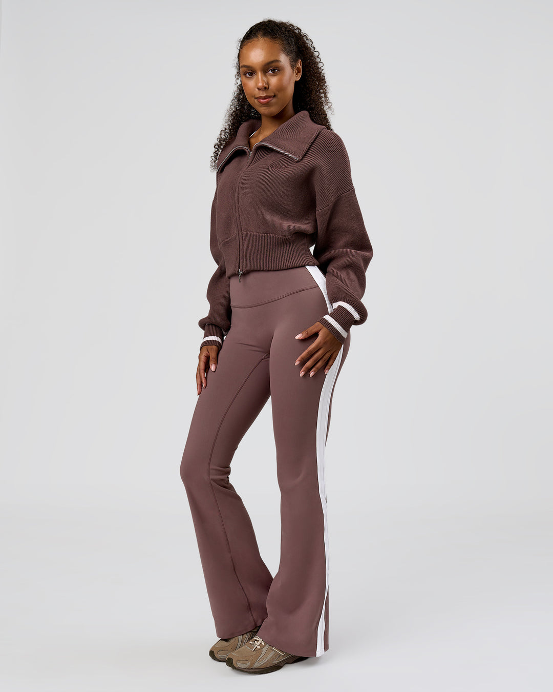 Woman wearing Fierce Knitted Cardigan - Cocoa Powder-White | Model:Jordan | Size:S - view 9
