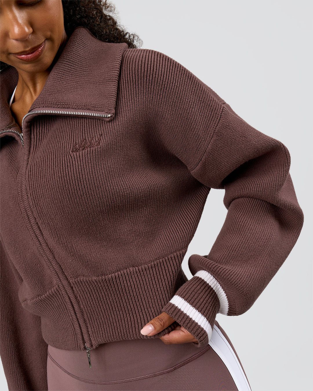 Woman wearing Fierce Knitted Cardigan - Cocoa Powder-White | Model:Jordan | Size:S - view 10