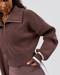Woman wearing Fierce Knitted Cardigan - Cocoa Powder-White | Model:Jordan | Size:S | Thumbnail Index: 9