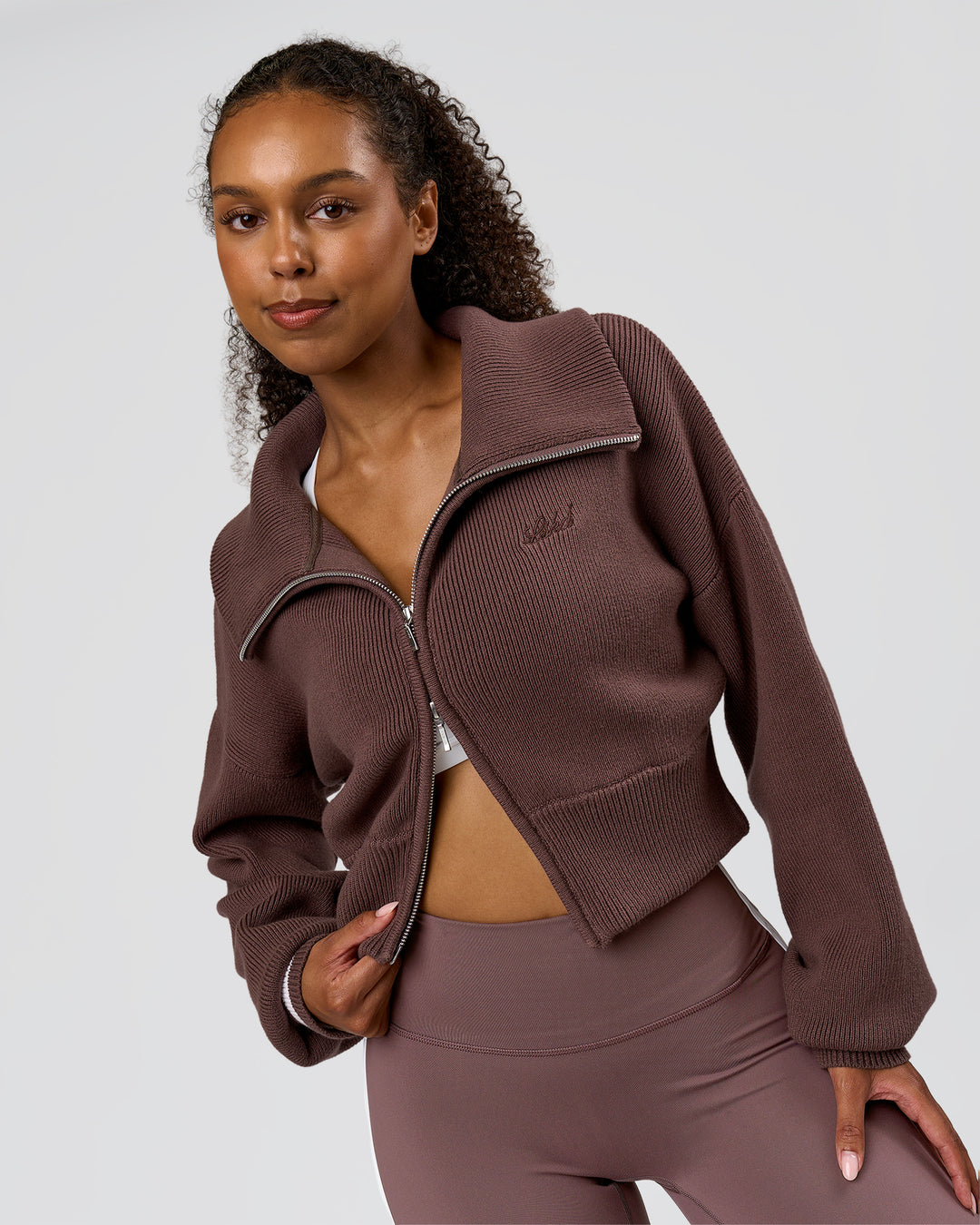 Woman wearing Fierce Knitted Cardigan - Cocoa Powder-White | Model:Jordan | Size:S - view 11