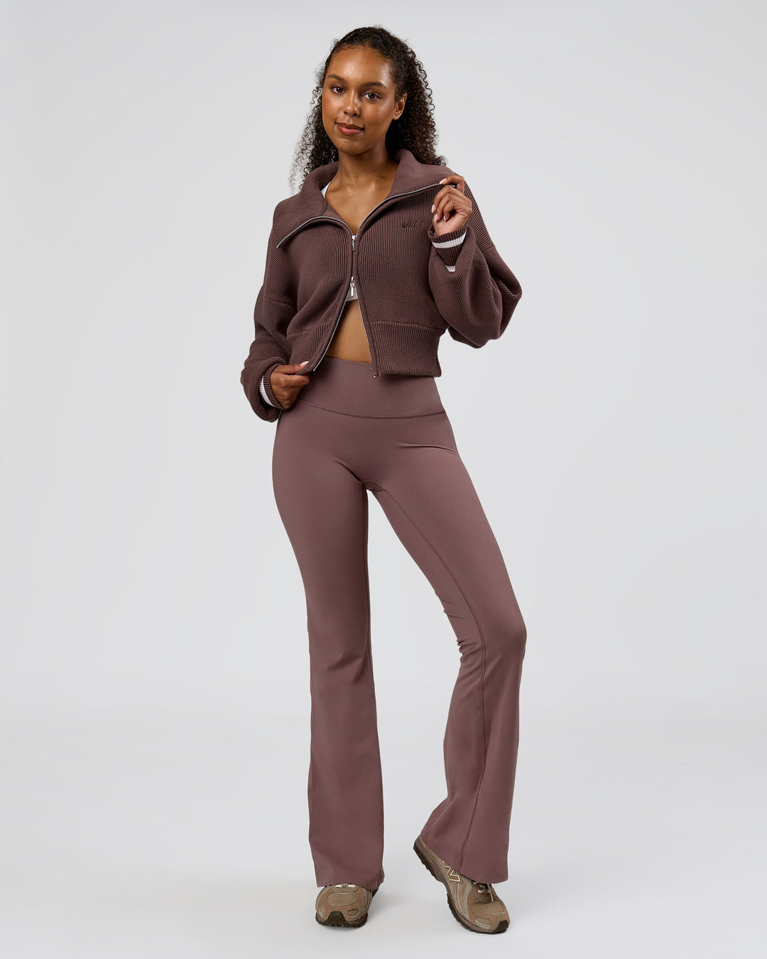 Woman wearing Fierce Knitted Cardigan - Cocoa Powder-White | Model:Jordan | Size:S - view 12