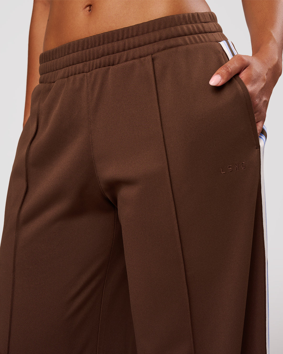 Woman wearing Urban Wide Leg Track Pant - Hot Chocolate-Open Air | Model:Jordan | Size:S - view 5