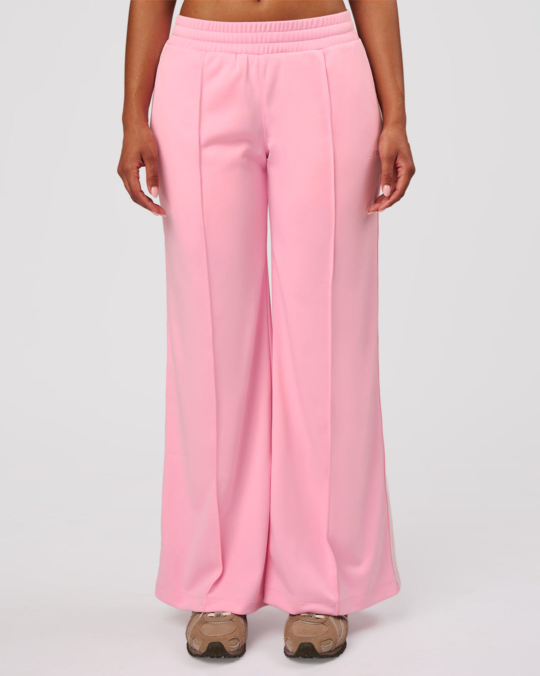 Woman wearing Urban Wide Leg Track Pant - Pink Rose | Model:Jordan | Size:S - view 2