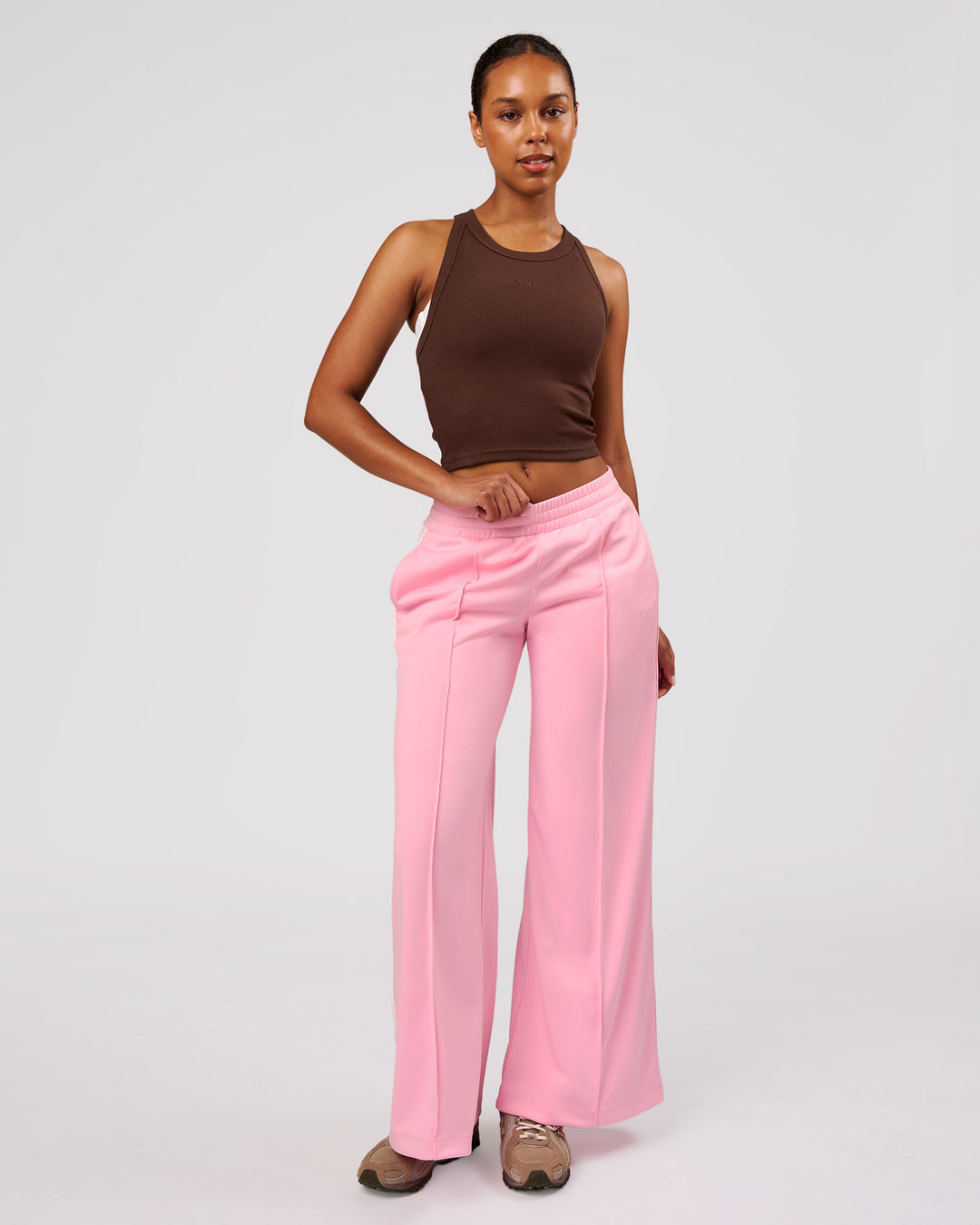 Woman wearing Urban Wide Leg Track Pant - Pink Rose | Model:Jordan | Size:S - view 3