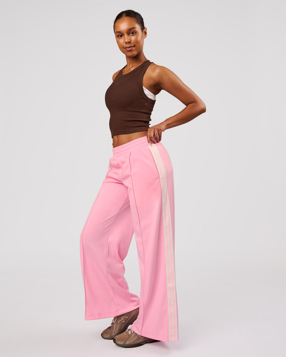 Woman wearing Urban Wide Leg Track Pant - Pink Rose | Model:Jordan | Size:S - view 4