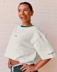 Woman wearing Be Here Now Heavyweight FLXCotton Tee Oversize - Silver Marl-Midnight Green | Model:Meg | Size:S | Thumbnail Index: 6