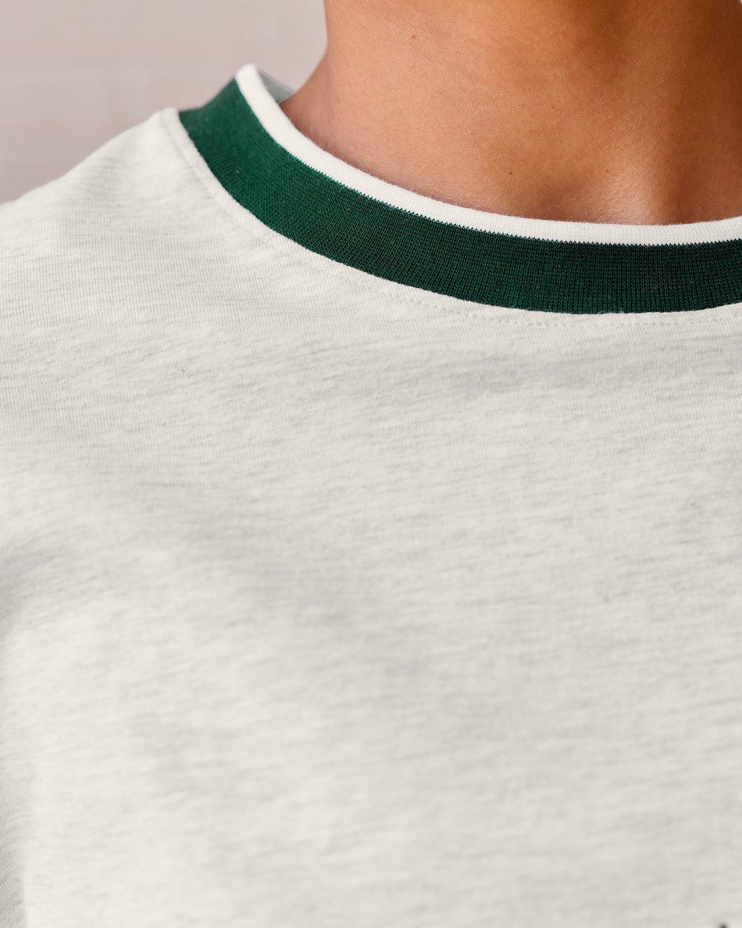 Woman wearing Be Here Now Heavyweight FLXCotton Tee Oversize - Silver Marl-Midnight Green | Model:Meg | Size:S - view 14