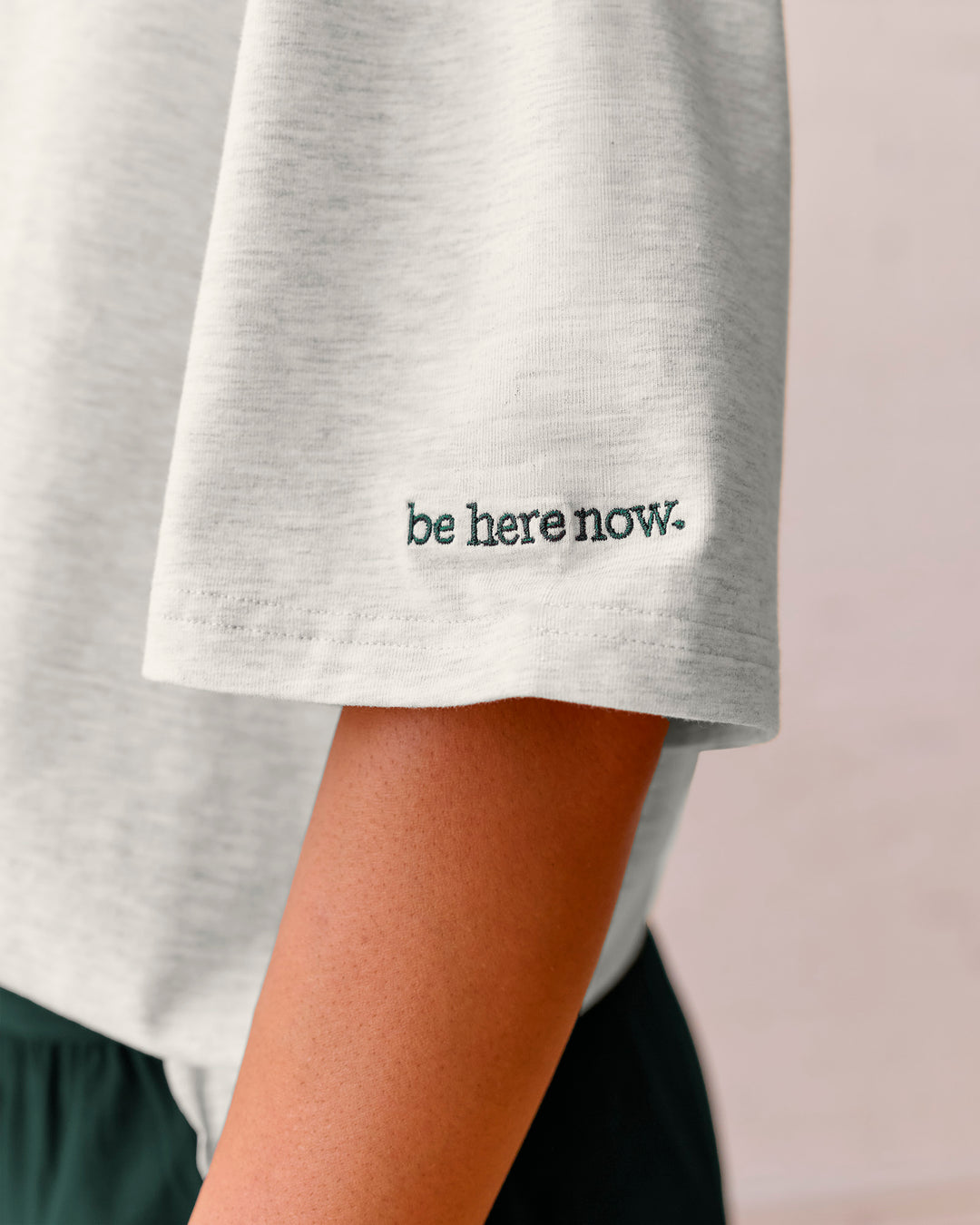 Woman wearing Be Here Now Heavyweight FLXCotton Tee Oversize - Silver Marl-Midnight Green | Model:Meg | Size:S - view 15