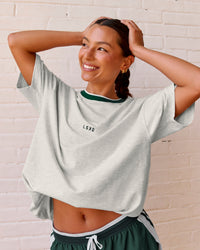 Woman wearing Be Here Now Heavyweight FLXCotton Tee Oversize - Silver Marl-Midnight Green | Model:Meg | Size:S | Thumbnail Index: 16
