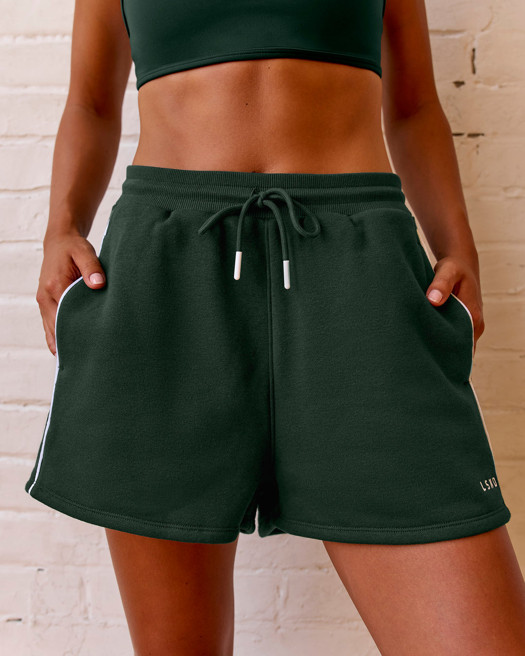 Woman wearing Fast Track Lounge Short - Midnight Green-White | Model:Meg | Size:S - view 8