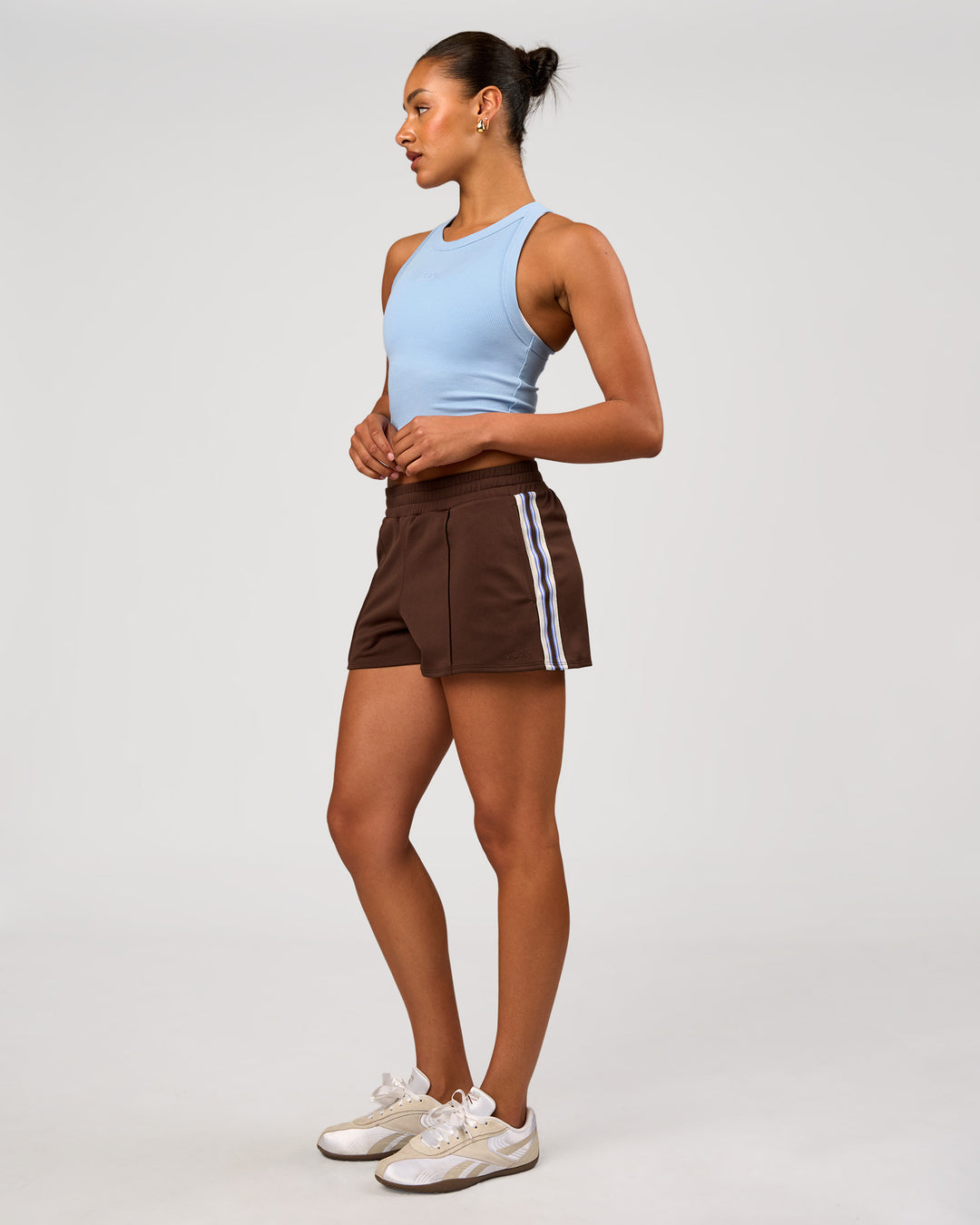 Woman wearing Go-To FLXCotton Rib Crop Tank - Open Air | Model:Rosie | Size:S - view 4