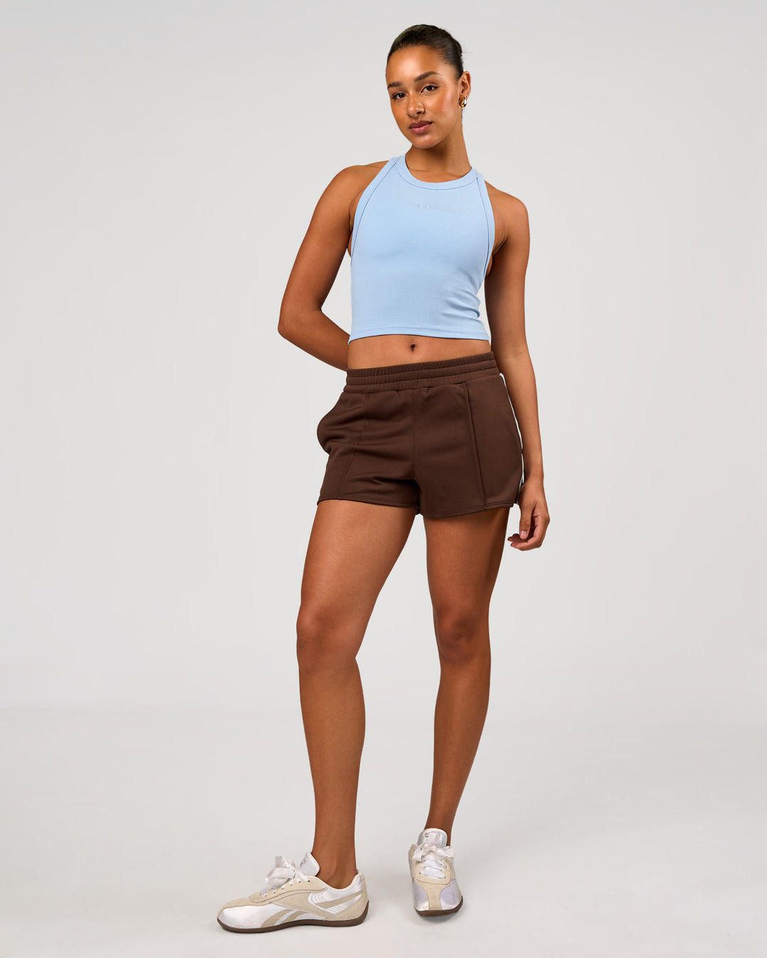 Woman wearing Go-To FLXCotton Rib Crop Tank - Open Air | Model:Rosie | Size:S - view 5