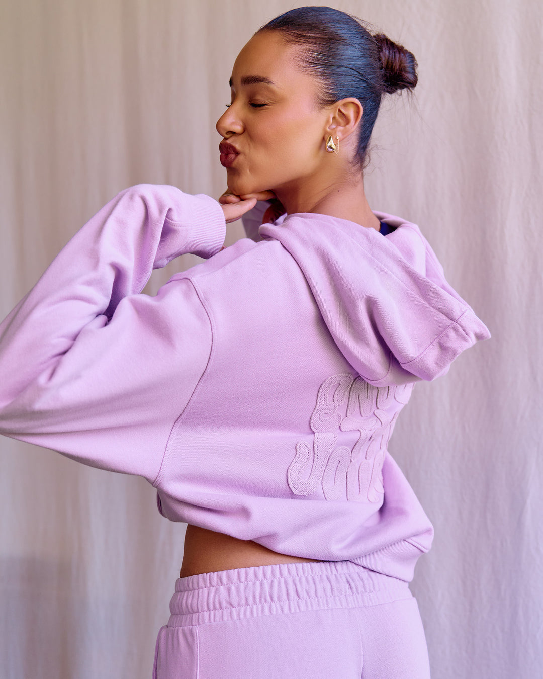 Woman wearing MVP Elite French Terry Hoodie - Pale Lilac | Model:Rosie | Size:S - view 6