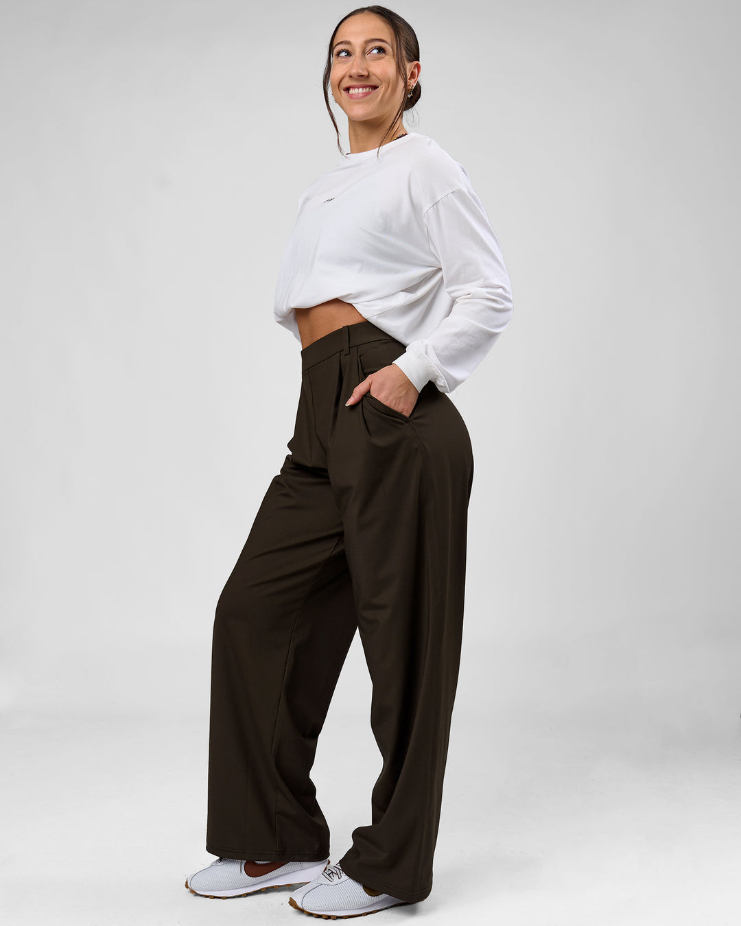 Woman wearing StretchShift Wide Leg Pant - Ground Coffee | Model:Summer | Size:S - view 6
