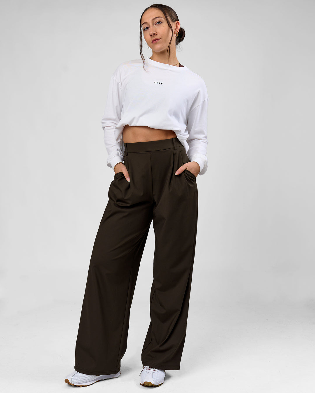 Woman wearing StretchShift Wide Leg Pant - Ground Coffee | Model:Summer | Size:S - view 7