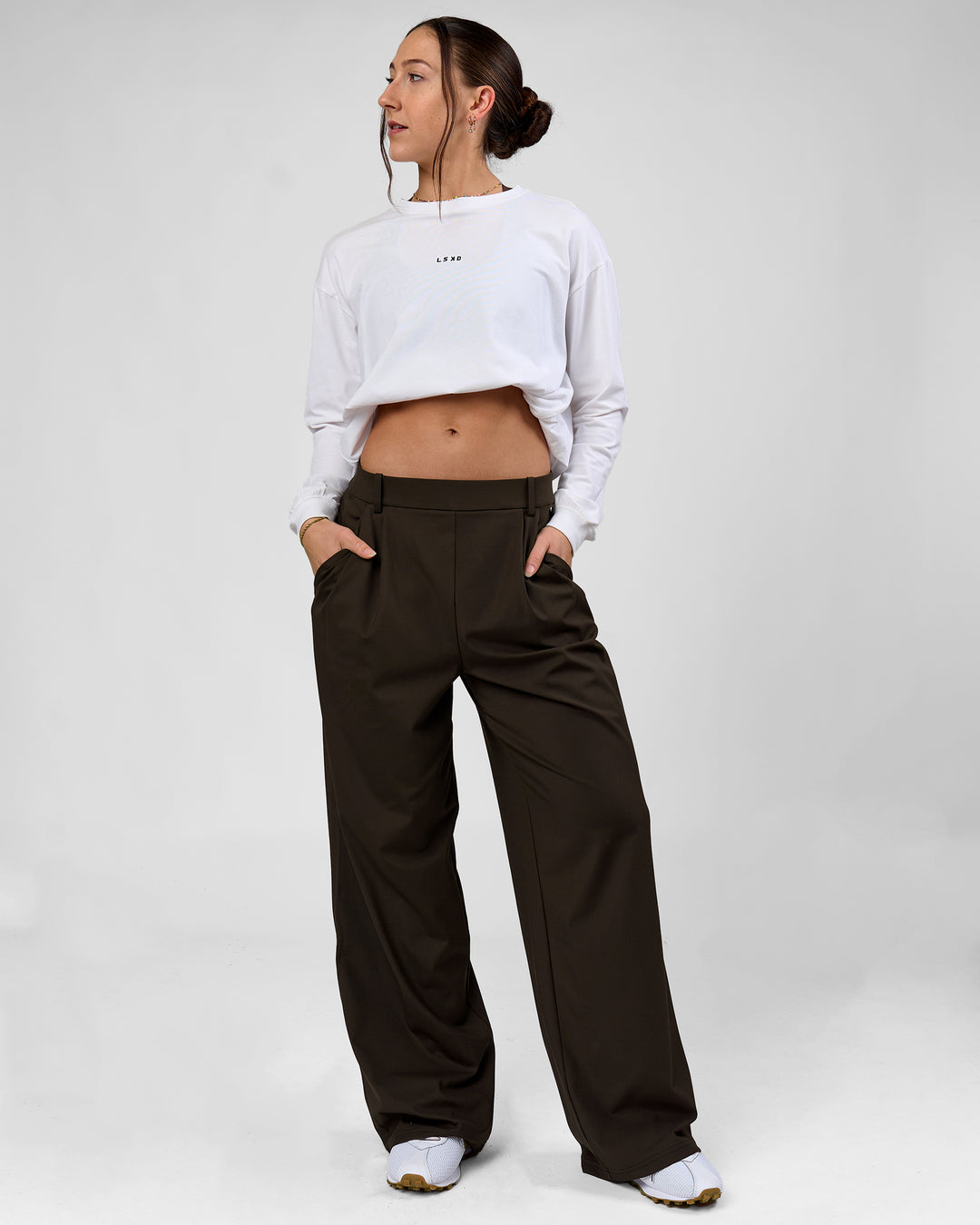 Woman wearing StretchShift Wide Leg Pant - Ground Coffee | Model:Summer | Size:S - view 8