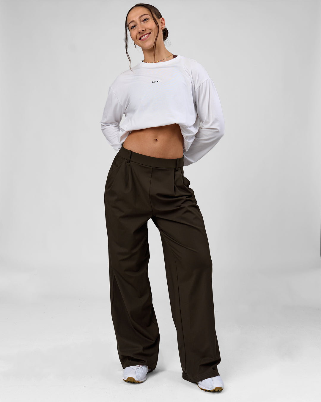 Woman wearing StretchShift Wide Leg Pant - Ground Coffee | Model:Summer | Size:S - view 9