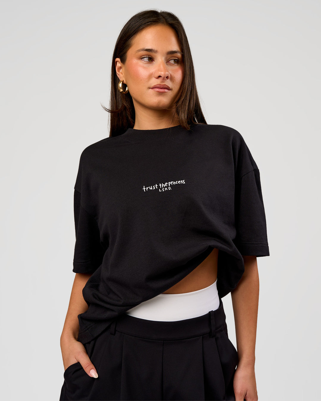 Woman wearing Andrew J. Steel x LSKD Heavyweight Boxed Tee - Black | Model:Bianca | Size:XS - view 11