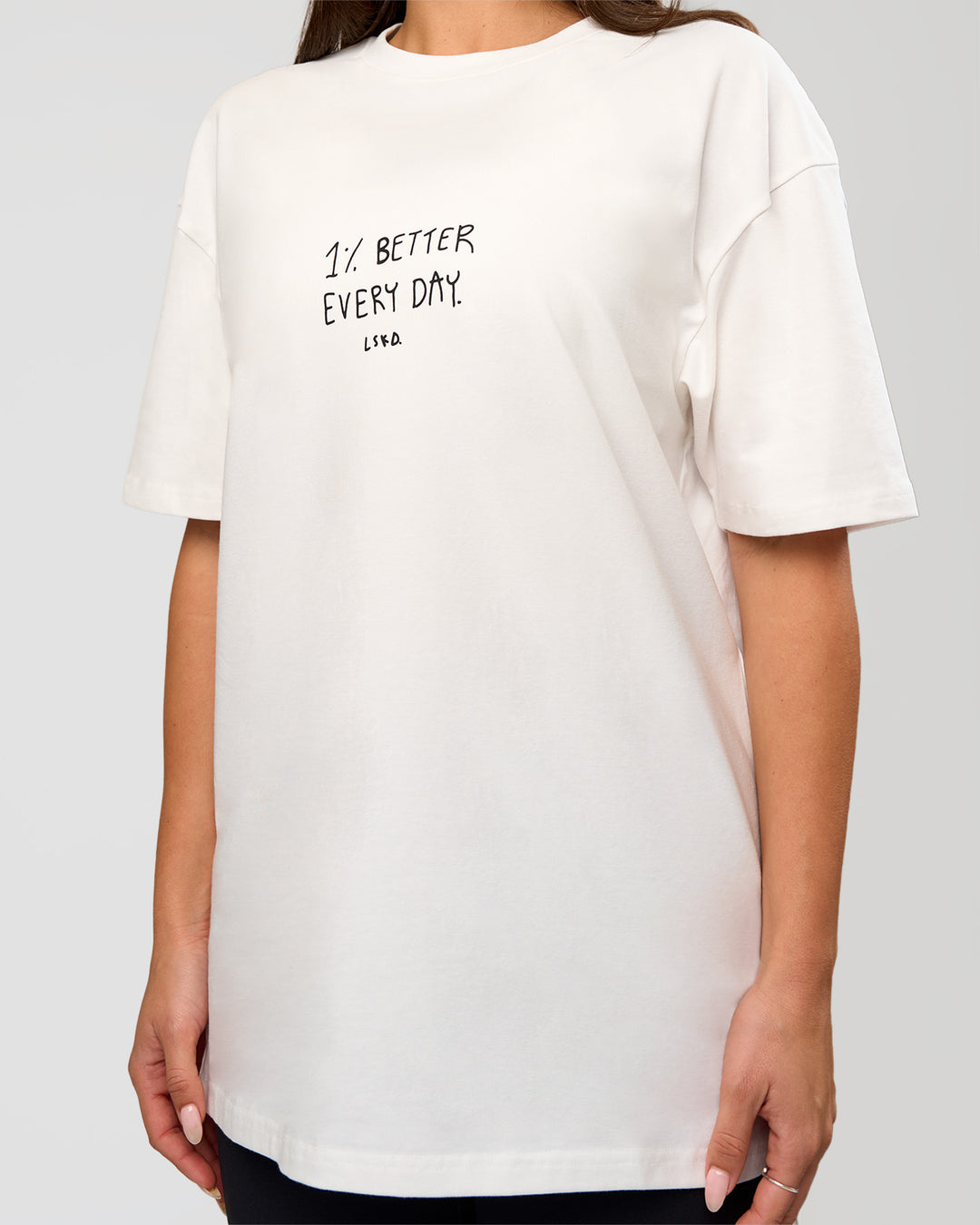 Woman wearing Andrew J. Steel x LSKD Heavyweight FLXCotton Oversized Tee - White | Model:Bianca | Size:XS - view 10