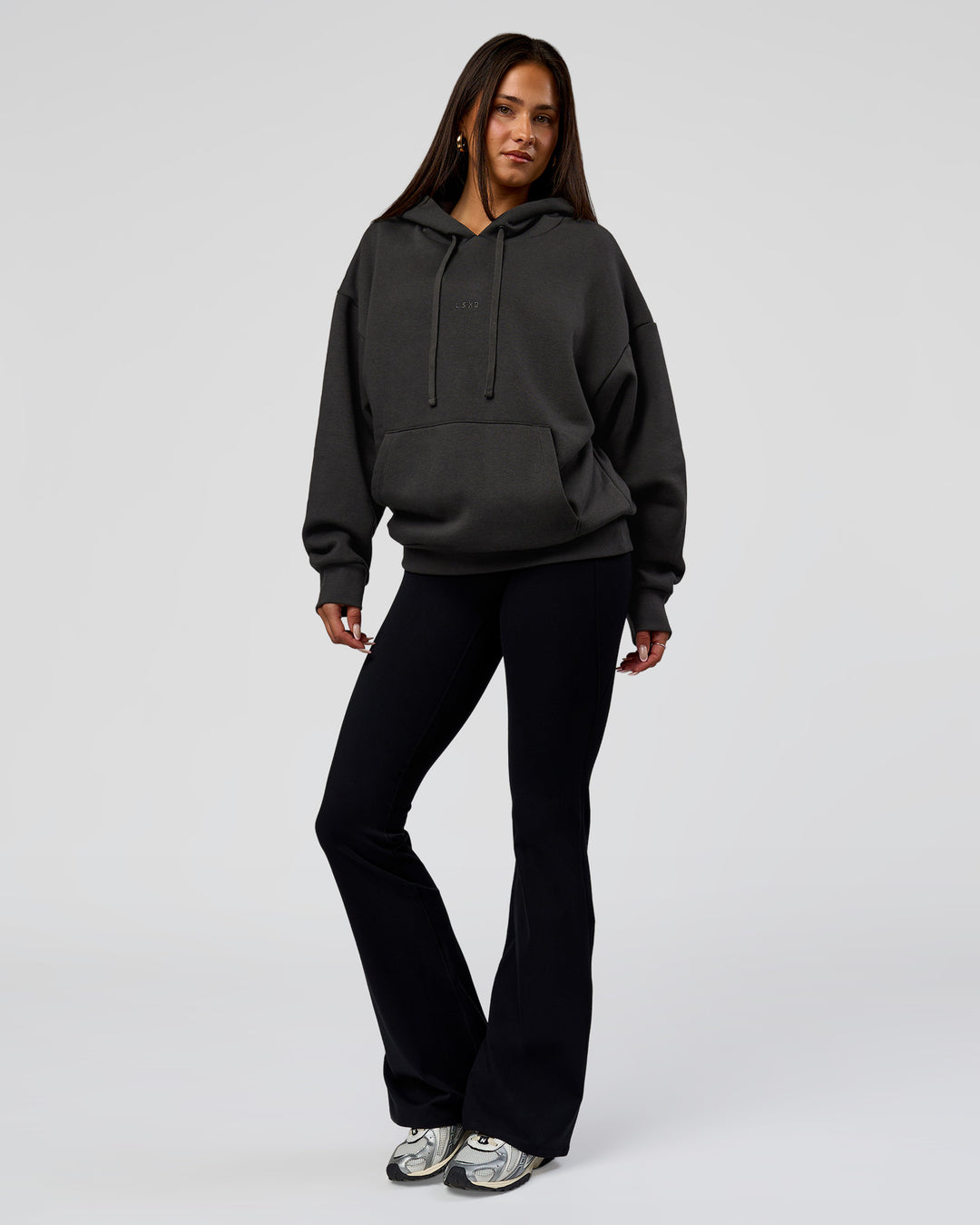 Woman wearing Base Oversized DC Hoodie - Onyx | Model:Bianca | Size:XS - view 13