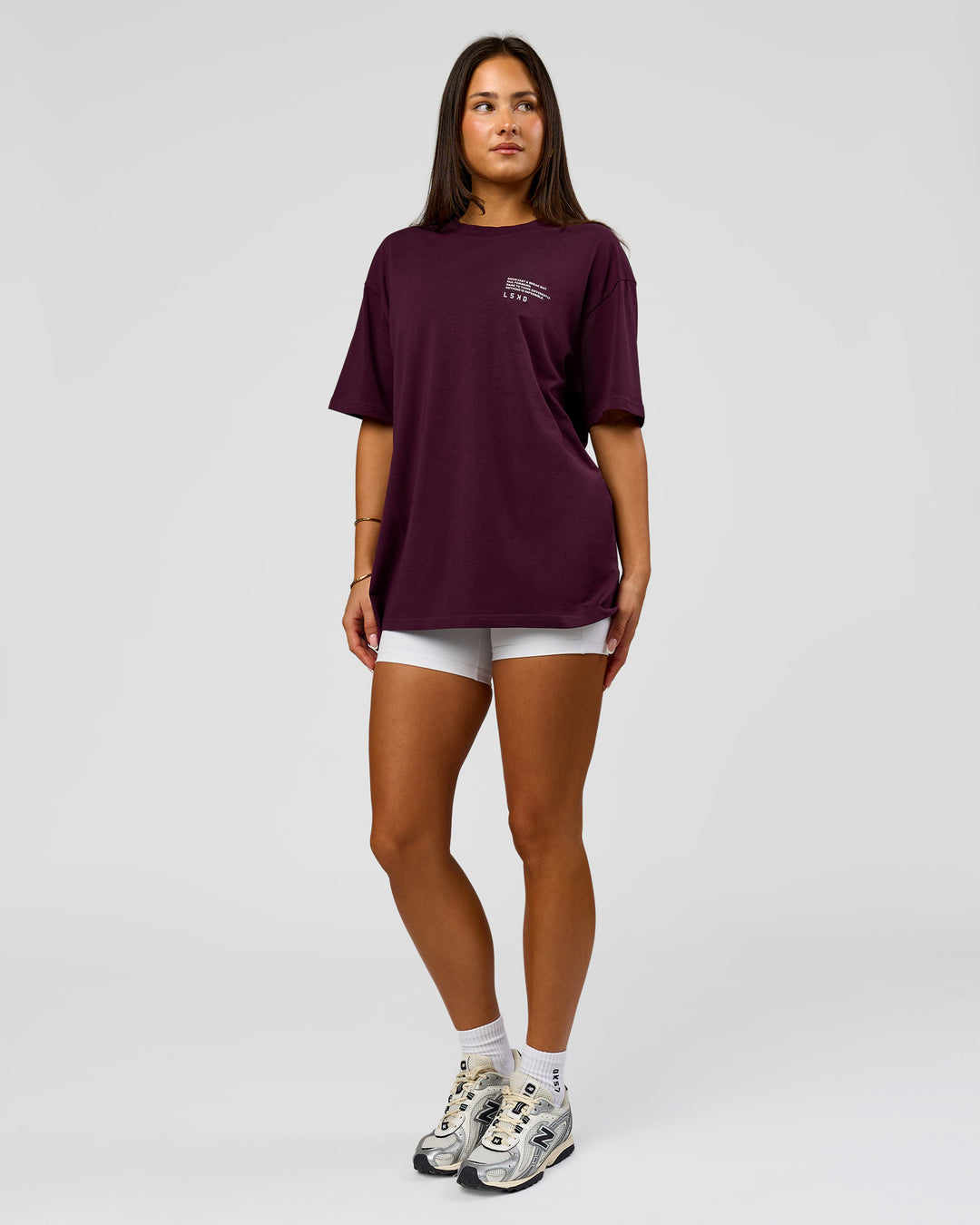 Woman wearing Coffee Run FLXCotton Oversized Tee - Cherry Lacquer-Black | Model:Bianca | Size:XS - view 3