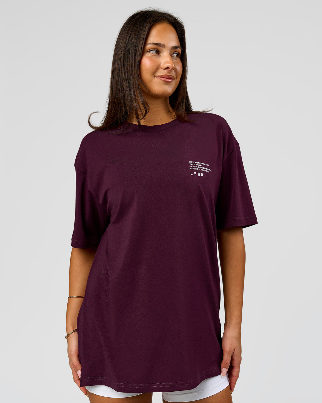 Woman wearing Coffee Run FLXCotton Oversized Tee - Cherry Lacquer-Black | Model:Bianca | Size:XS - view 6