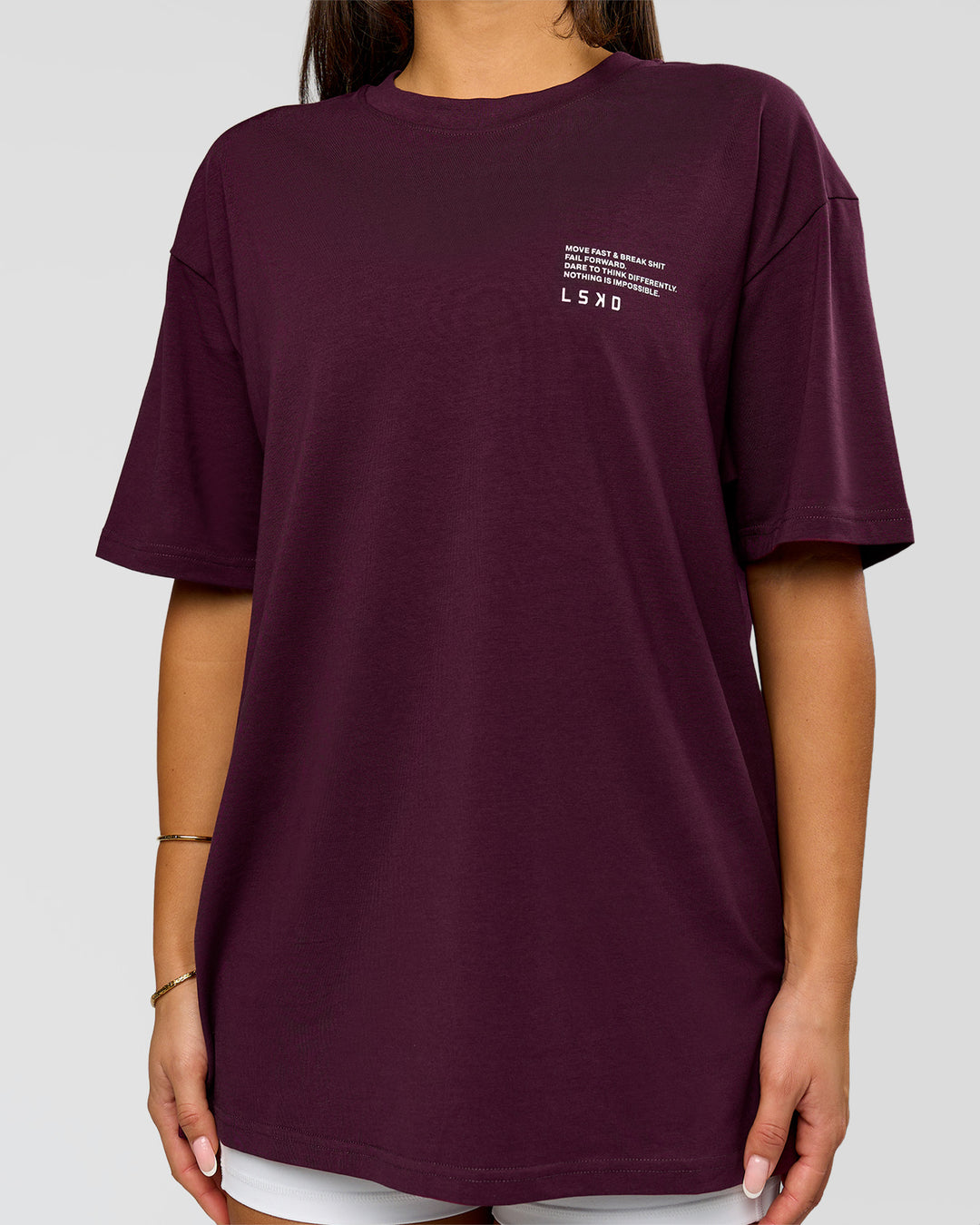 Woman wearing Coffee Run FLXCotton Oversized Tee - Cherry Lacquer-Black | Model:Bianca | Size:XS - view 9