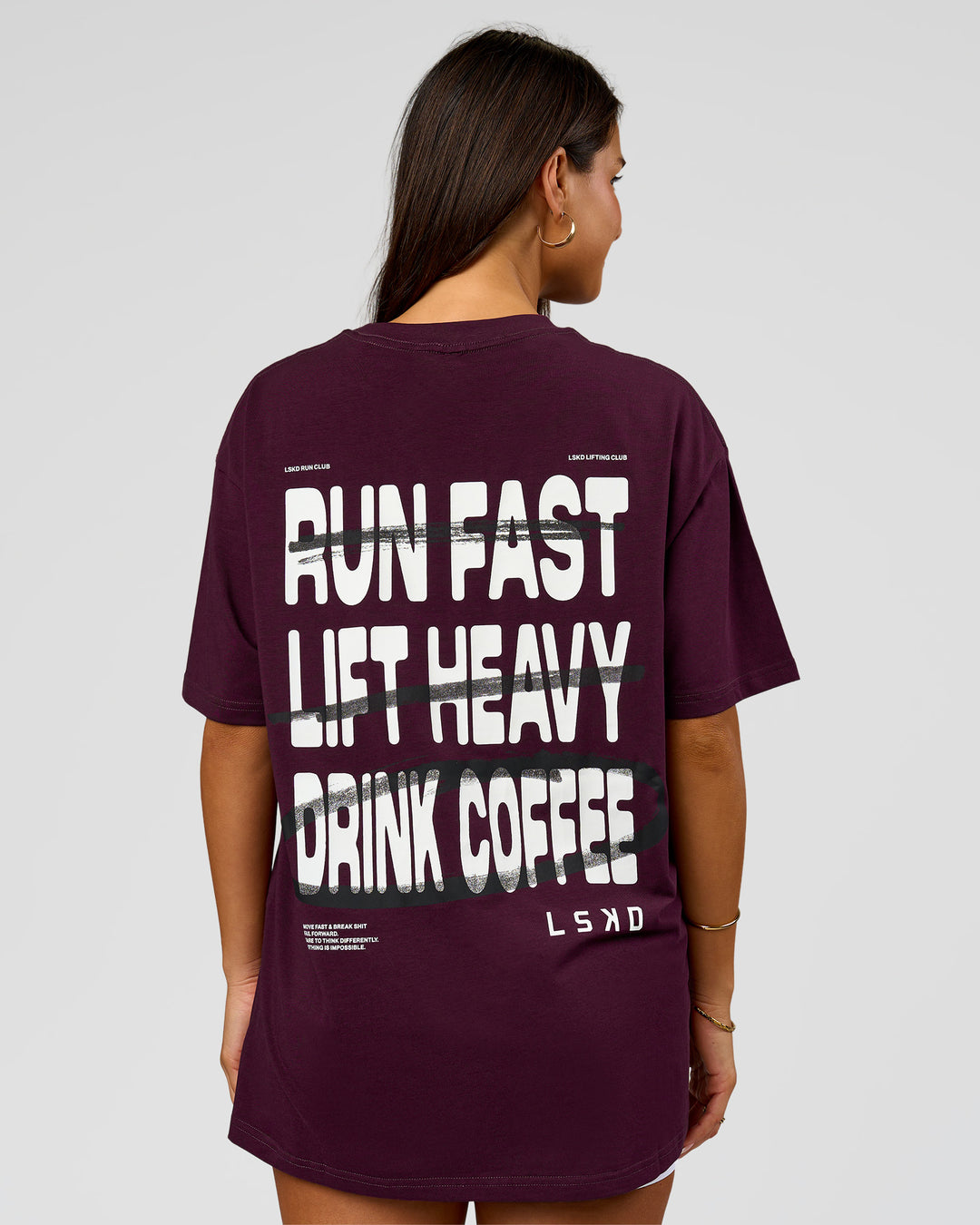 Woman wearing Coffee Run FLXCotton Oversized Tee - Cherry Lacquer-Black | Model:Bianca | Size:XS - view 20