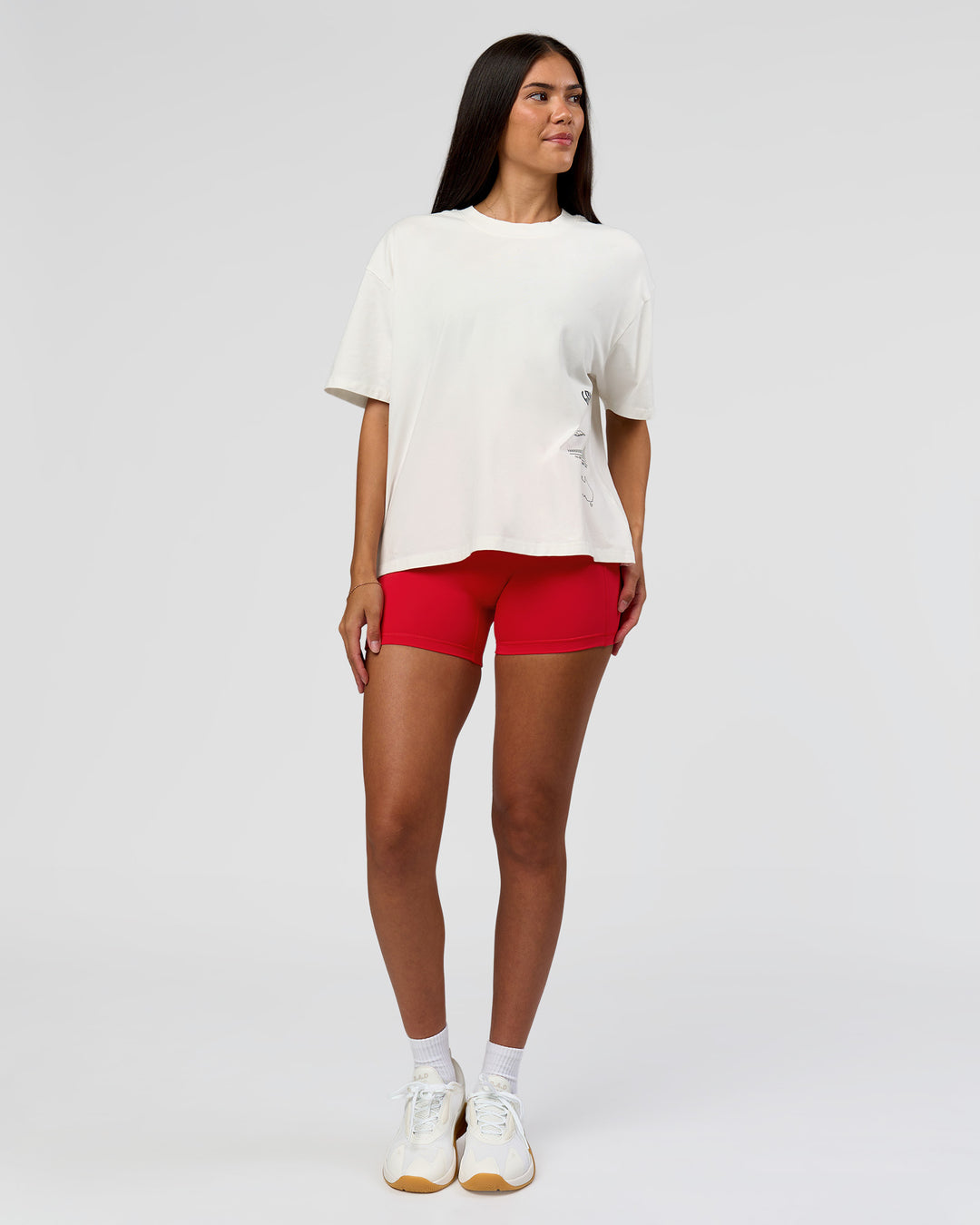 Woman wearing Greatest of All Time Heavyweight FLXCotton Boxed Tee - Off White Washed | Model:Rhiley | Size:XS - view 15