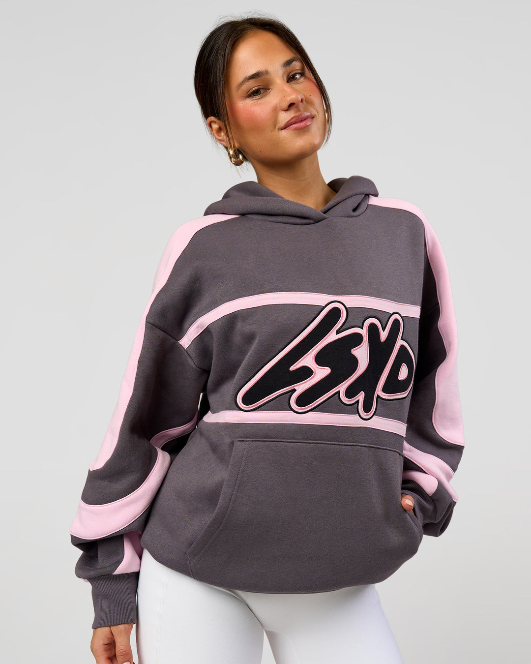 Woman wearing Vibe Oversized Hoodie - Duskstone-Marshmallow | Model:Bianca | Size:XS - view 3
