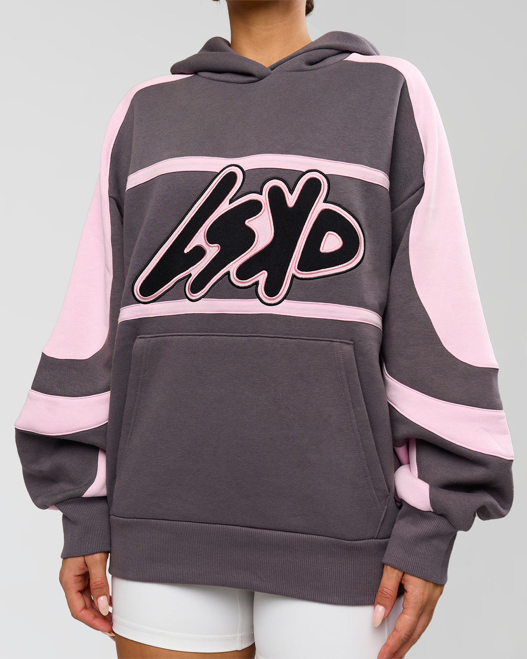 Woman wearing Vibe Oversized Hoodie - Duskstone-Marshmallow | Model:Bianca | Size:XS - view 11