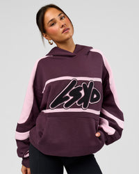 Woman wearing Vibe Oversized Hoodie - Midnight Plum-Marshmallow | Model:Bianca | Size:XS | Thumbnail Index: 2