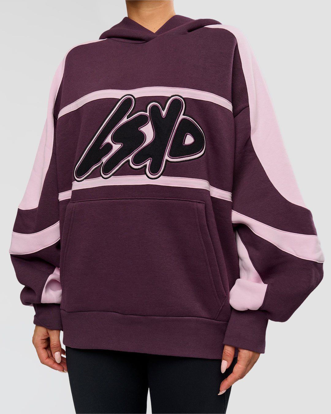 Woman wearing Vibe Oversized Hoodie - Midnight Plum-Marshmallow | Model:Bianca | Size:XS - view 8