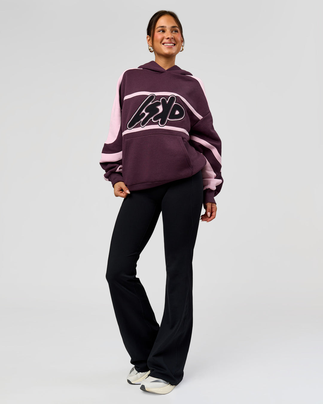 Woman wearing Vibe Oversized Hoodie - Midnight Plum-Marshmallow | Model:Bianca | Size:XS - view 10