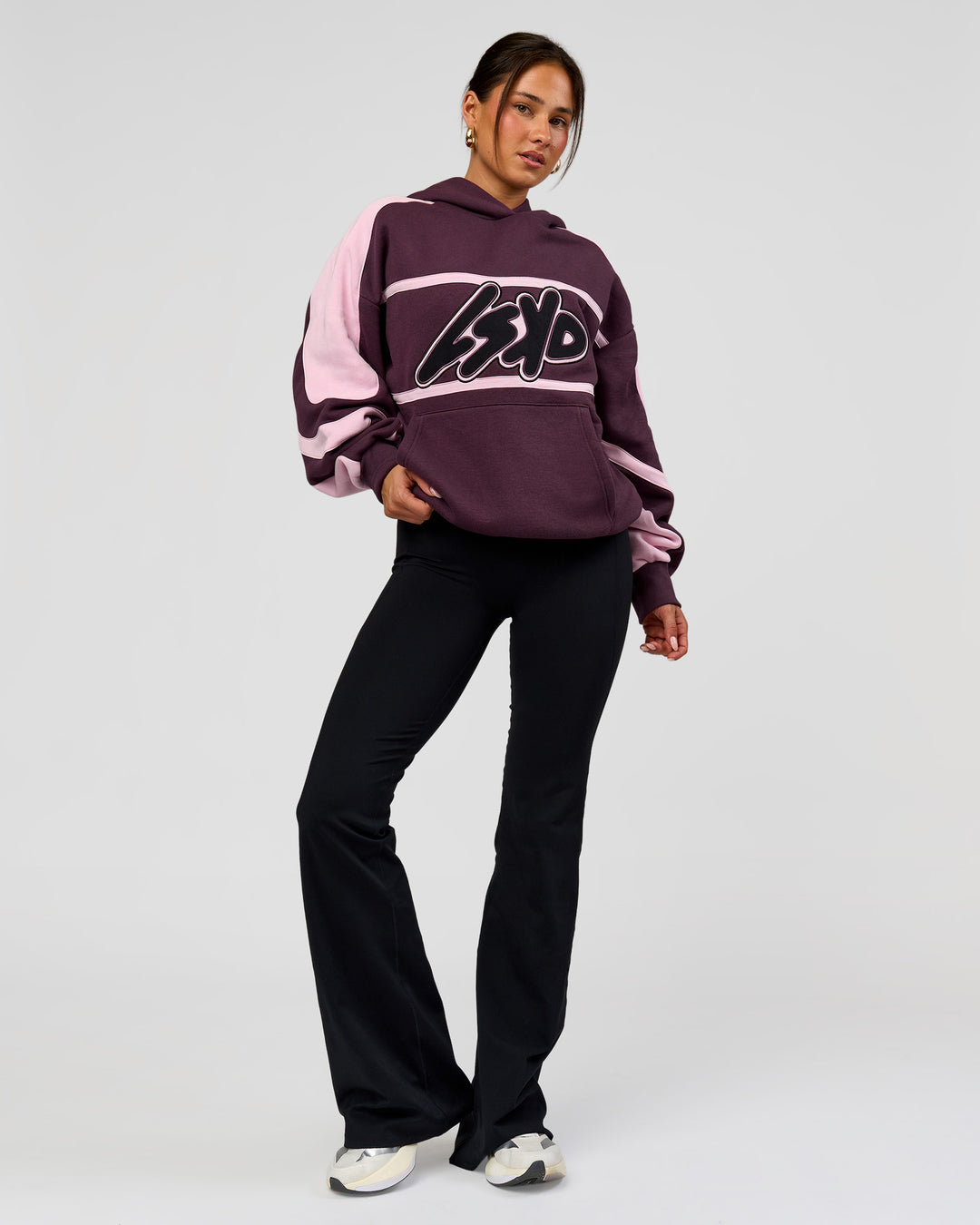 Woman wearing Vibe Oversized Hoodie - Midnight Plum-Marshmallow | Model:Bianca | Size:XS - view 12