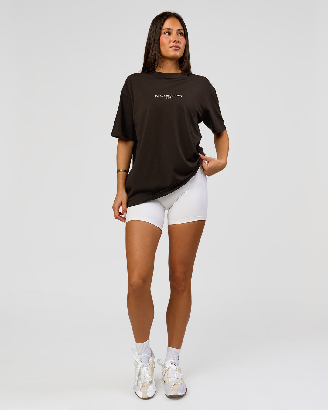 Woman wearing VS1 Enjoy The Journey FLXCotton Oversize Tee - Ground Coffee | Model:Bianca | Size:XS - view 7