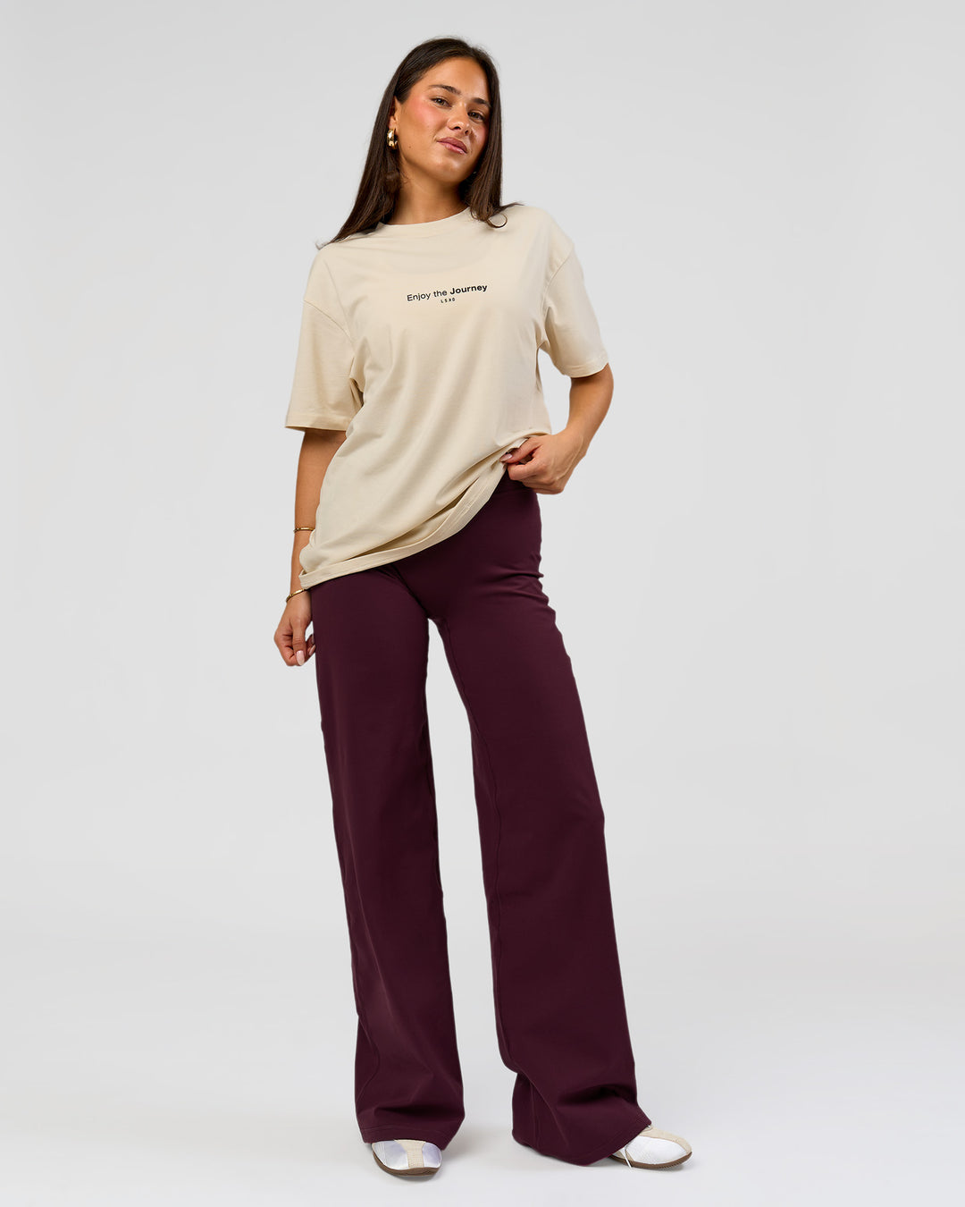 Woman wearing VS1 Enjoy The Journey FLXCotton Oversize Tee - Vanilla Bean | Model:Bianca | Size:XS - view 5