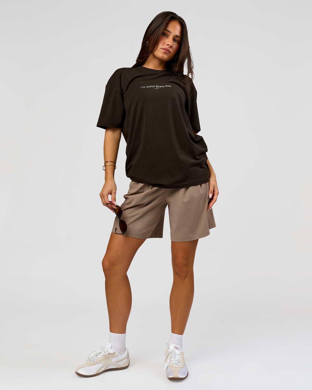 Woman wearing VS6 1% Better FLXCotton Oversize Tee - Ground Coffee | Model:Bianca | Size:XS - view 7