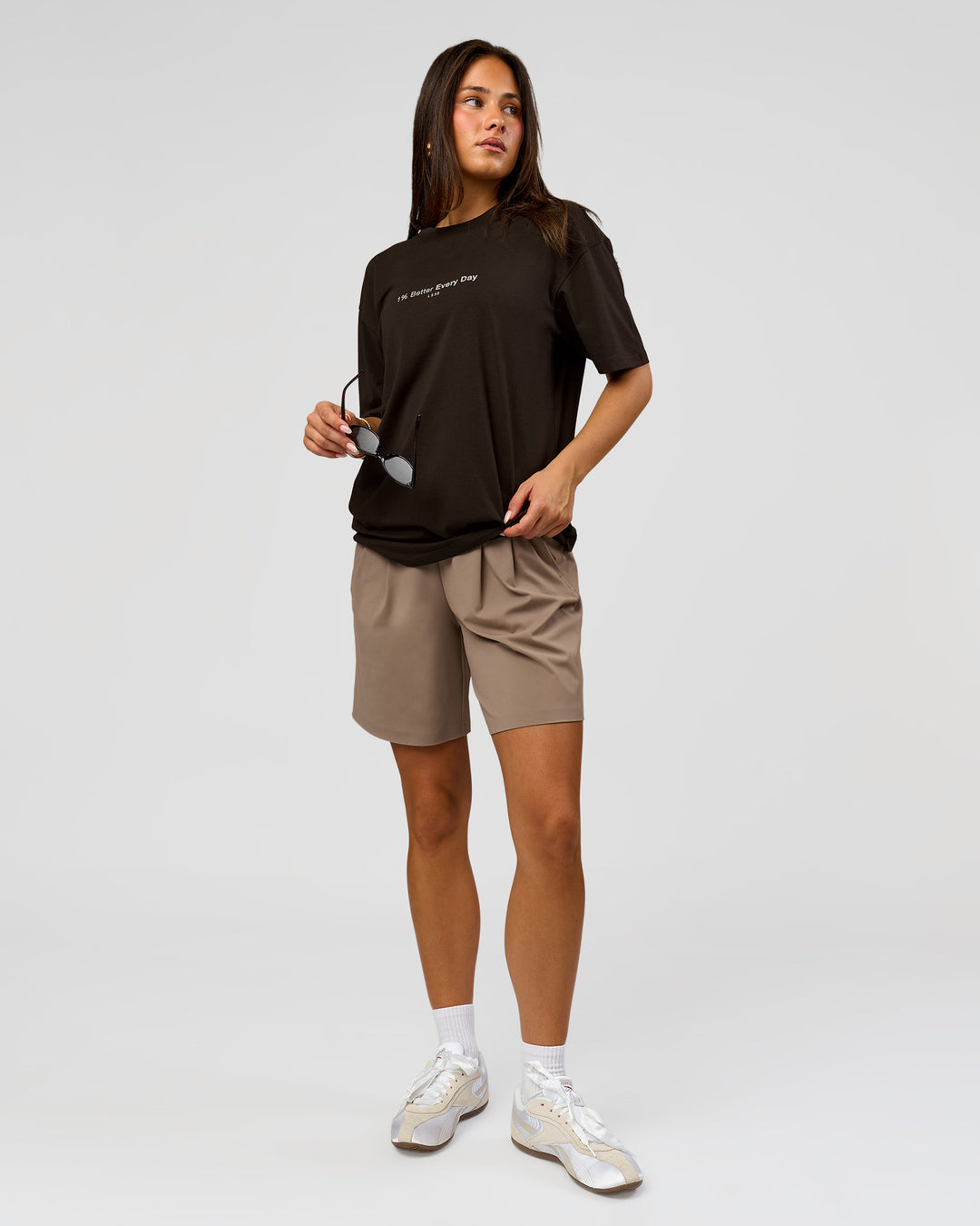 Woman wearing VS6 1% Better FLXCotton Oversize Tee - Ground Coffee | Model:Bianca | Size:XS - view 15