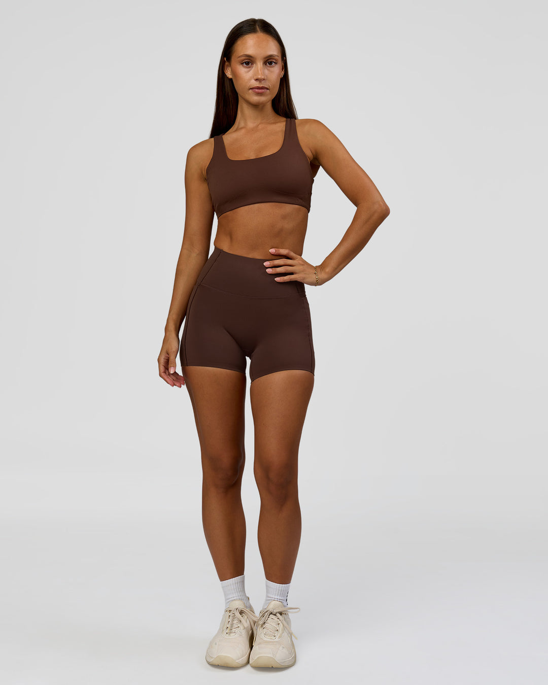 Woman wearing Fusion Bonded High-Rise 4" Short Pockets - Hot Chocolate | Model:Brylee | Size:XS - view 6