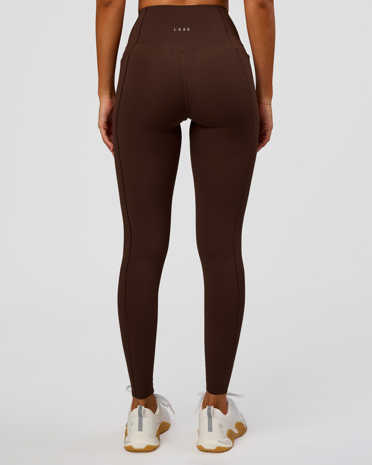 Woman wearing Fusion Bonded High-Rise Full Length Legging Pockets - Hot Chocolate | Model:Brylee | Size:XS
