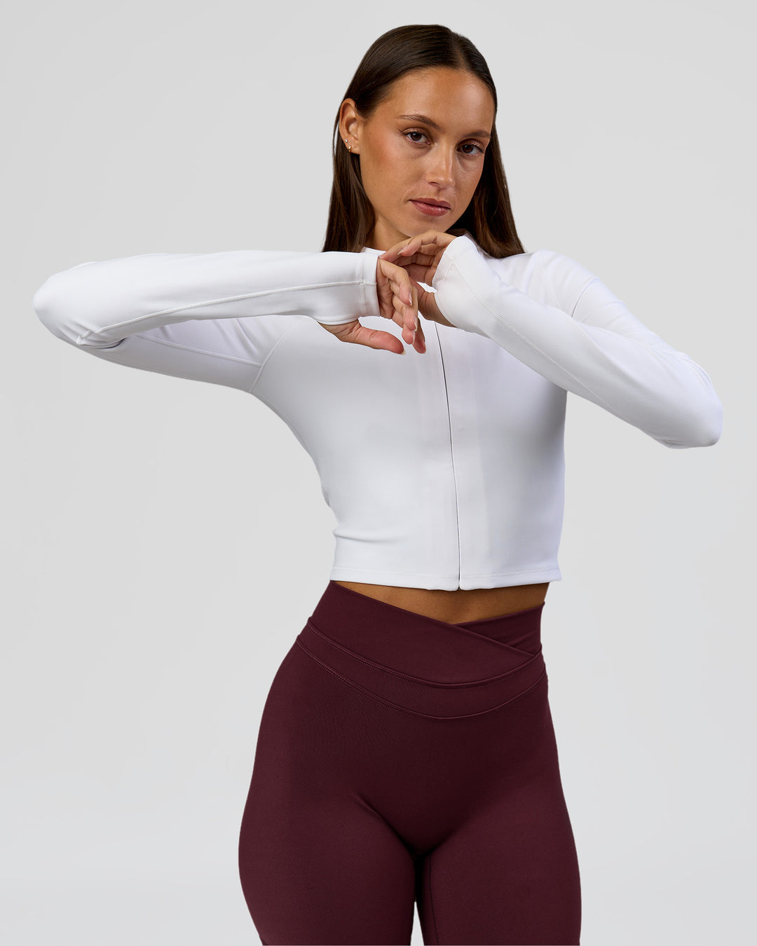 Woman wearing Sculpt Full Zip Long Sleeve Top - White | Model:Brylee | Size:XS - view 13