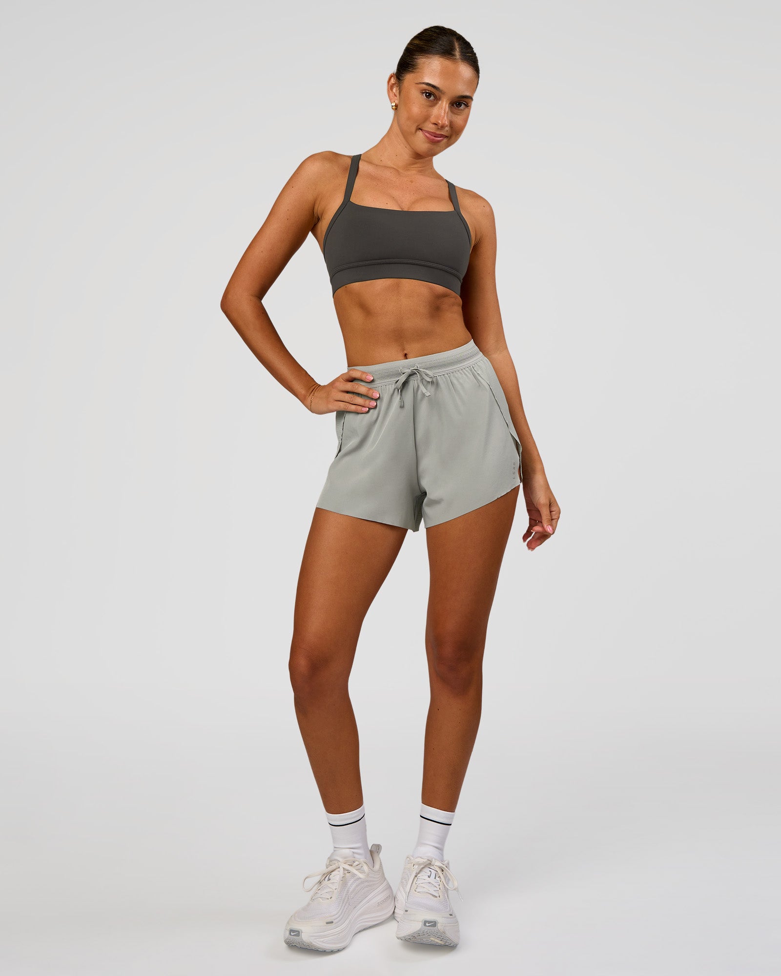 Woman wearing Accelerate 3" High-Rise Running Short - Alloy | Model:Charli | Size:XS