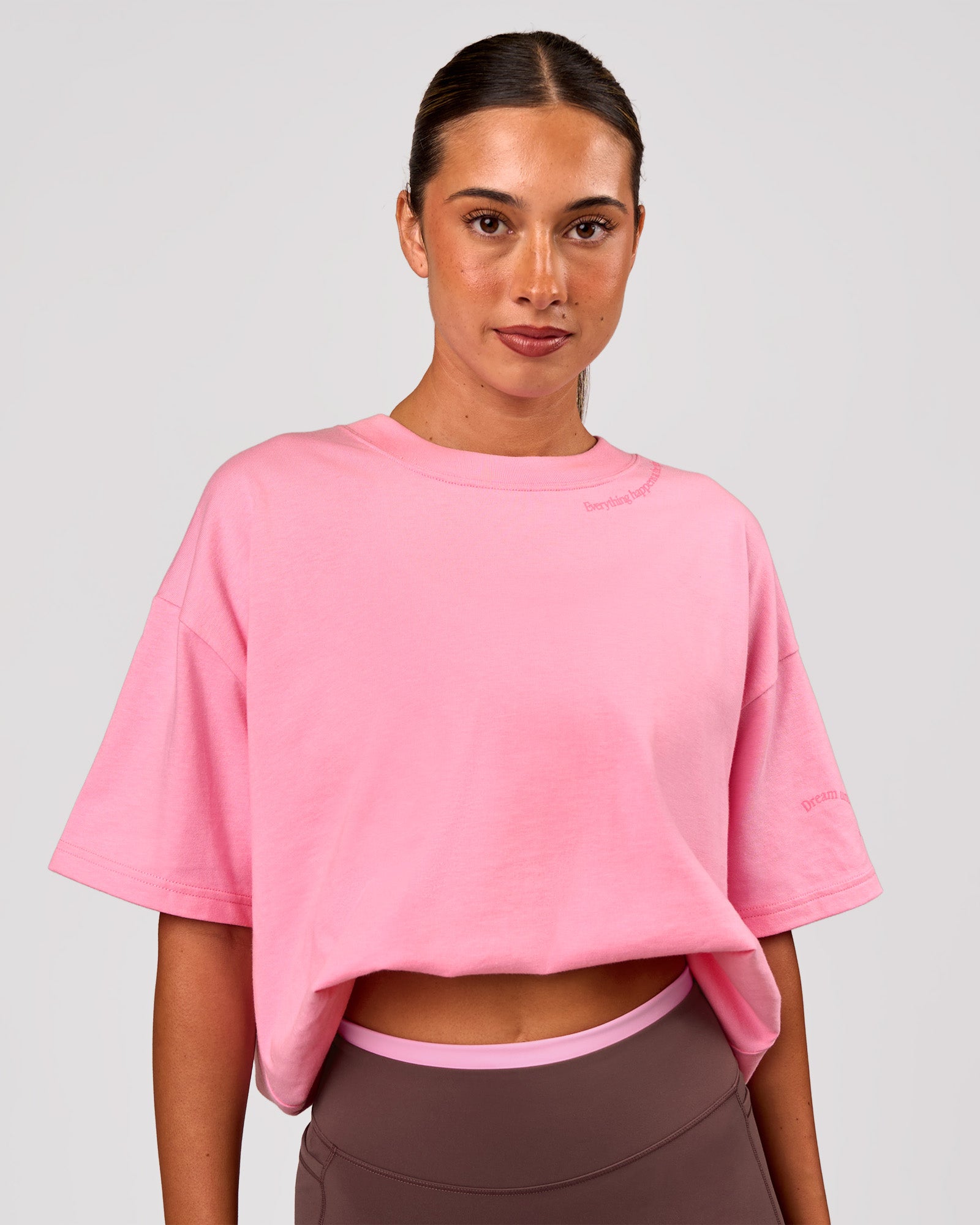 Woman wearing Bree Heavyweight Oversized Tee - Pink Rose | Model:Charli | Size:XS