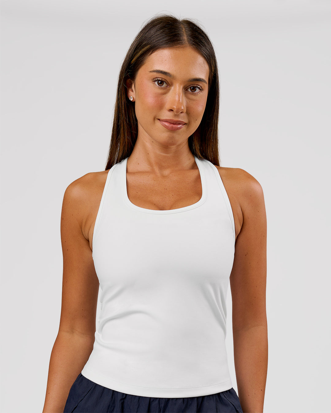 Woman wearing Flow Rep Scoop Neck Tank - White | Model:Charli | Size:XS - view 3