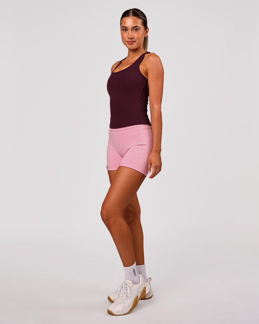 Woman wearing Flow Rib Scoop Neck Tank - Cherry Lacquer | Model:Charli | Size:XS - view 4
