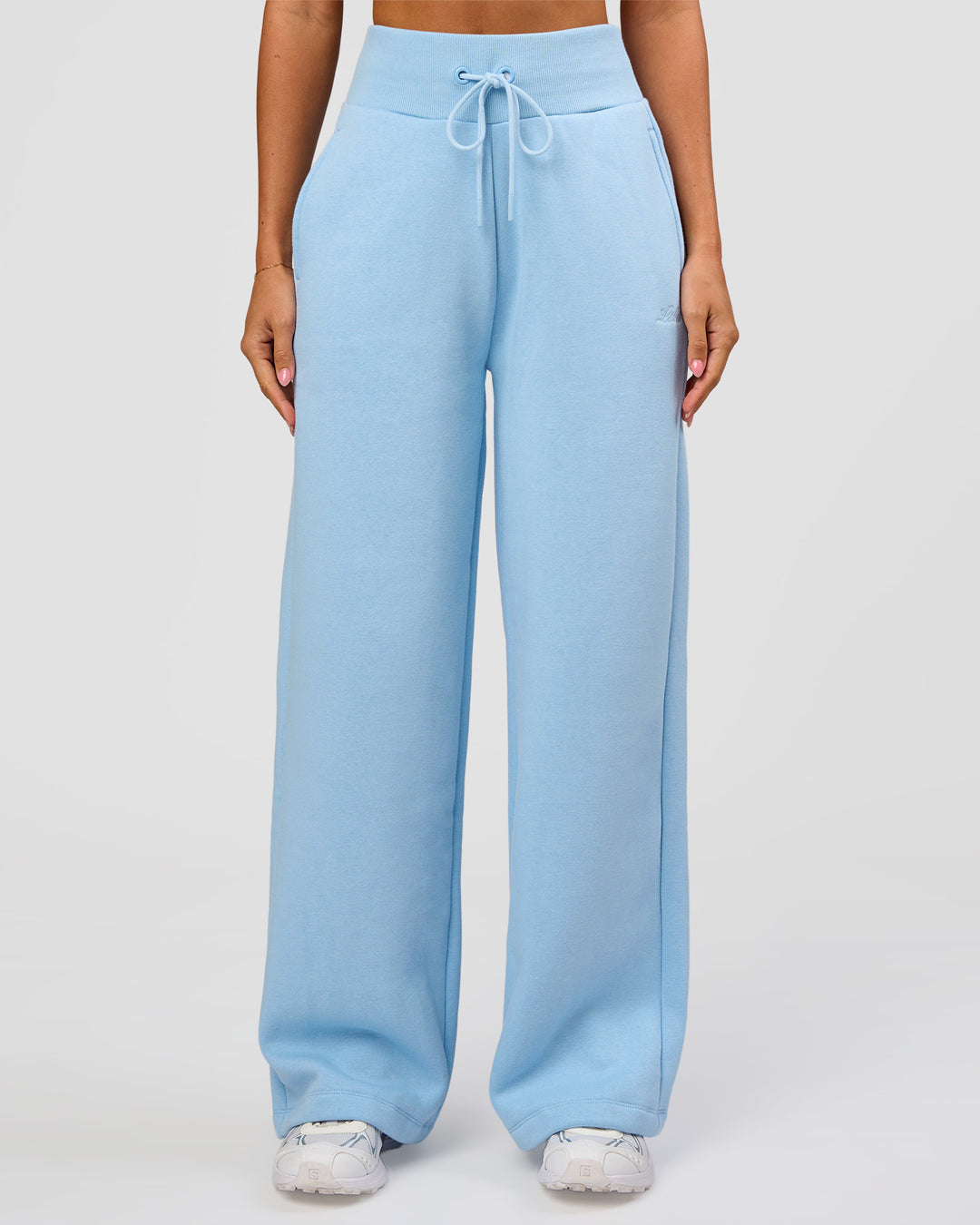 Woman wearing Go-To Script Wide Leg Track Pant - Open Air | Model:Charli | Size:XS