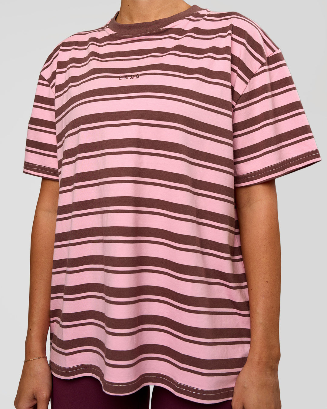 Woman wearing Go-To Shadow Stripe FLXCotton Oversized Tee - Pink Rose-Cocoa Powder | Model:Charli | Size:XS - view 2