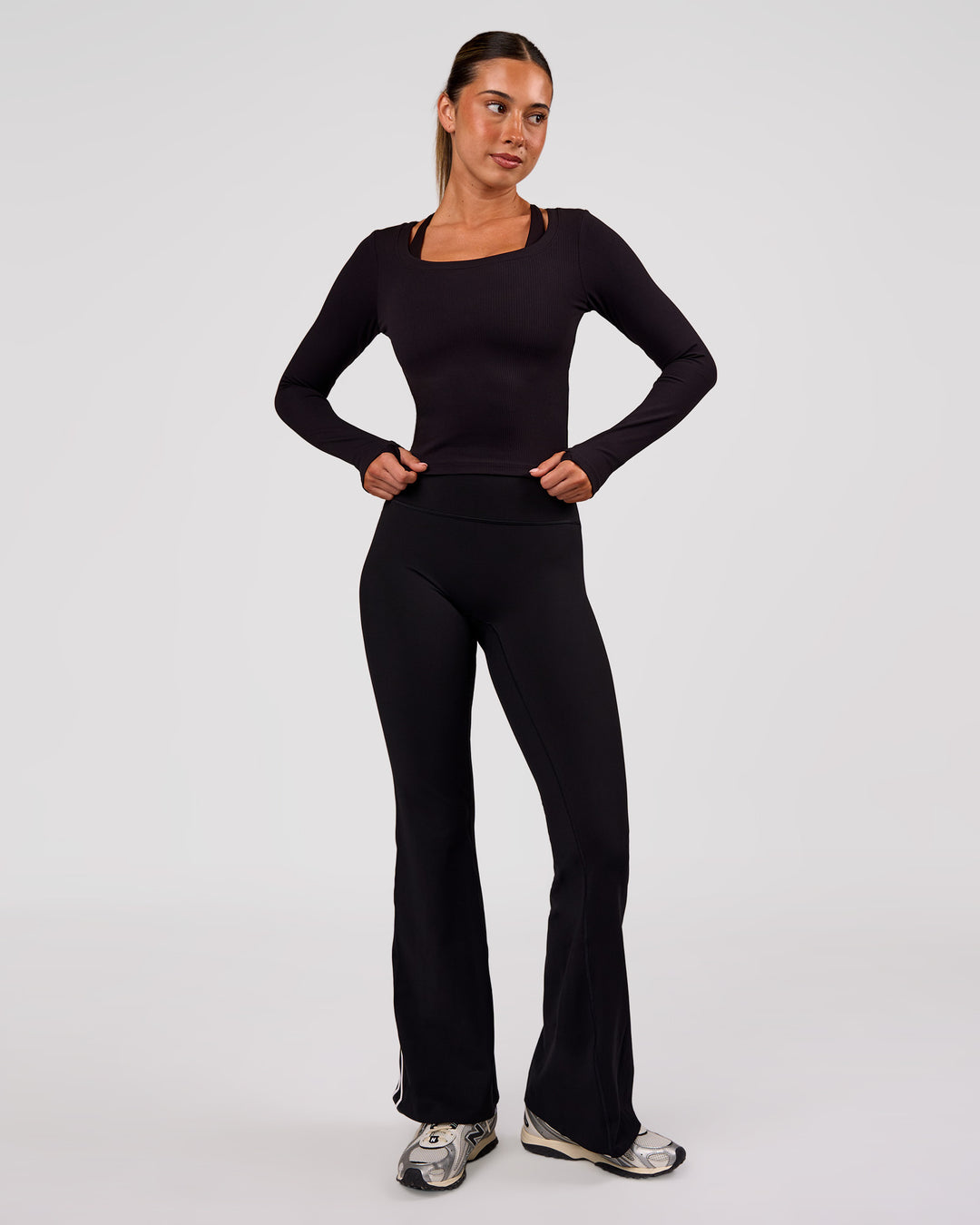 Woman wearing Horizon Long Sleeve Tee - Black | Model:Charli | Size:XS - view 7