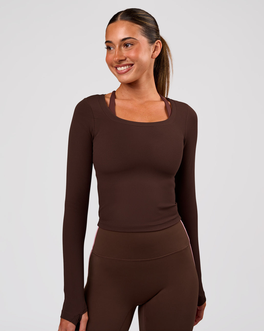 Woman wearing Horizon Long Sleeve Tee - Hot Chocolate | Model:Charli | Size:XS - view 2
